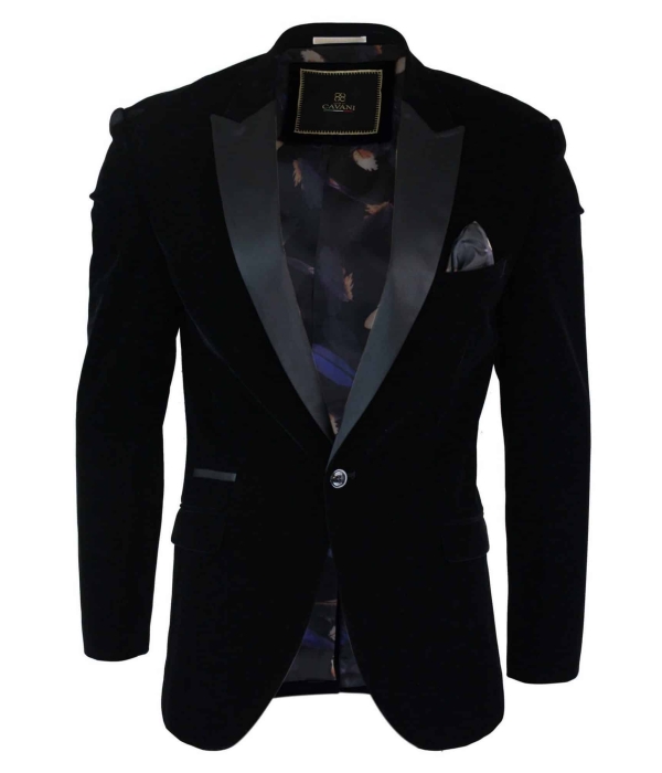 Cavani Rosa - Mens Soft Velvet Black Navy 1 Button Dinner Jacket Tuxedo Blazer Smart Casual Fit-Black