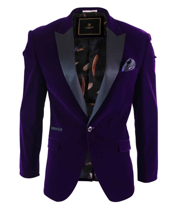 Cavani Rosa - Mens Soft Velvet Black Navy 1 Button Dinner Jacket Tuxedo Blazer Smart Casual Fit-Purple
