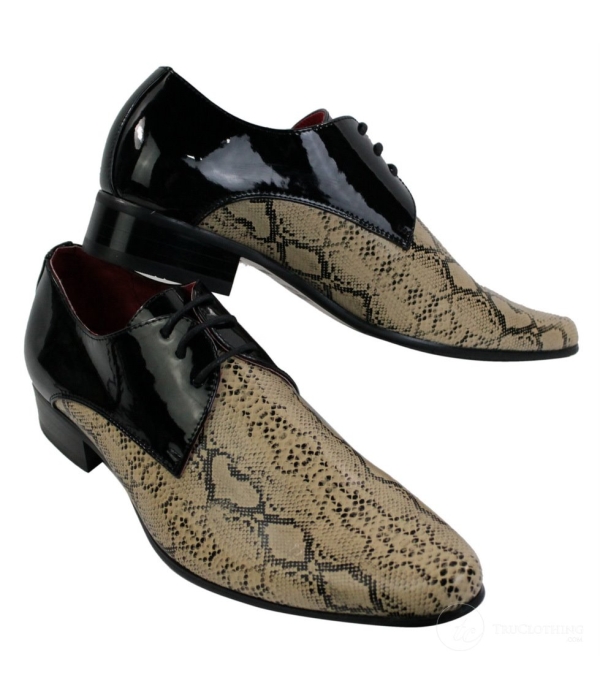 Mens Black Beige Snake Skin Patent Shiny Leather Shoes Italian Design Laced