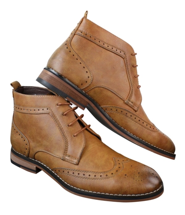 Mens Slip On & Laced Tan Brown Military Brouge Boots Smart Casual Leather Lined