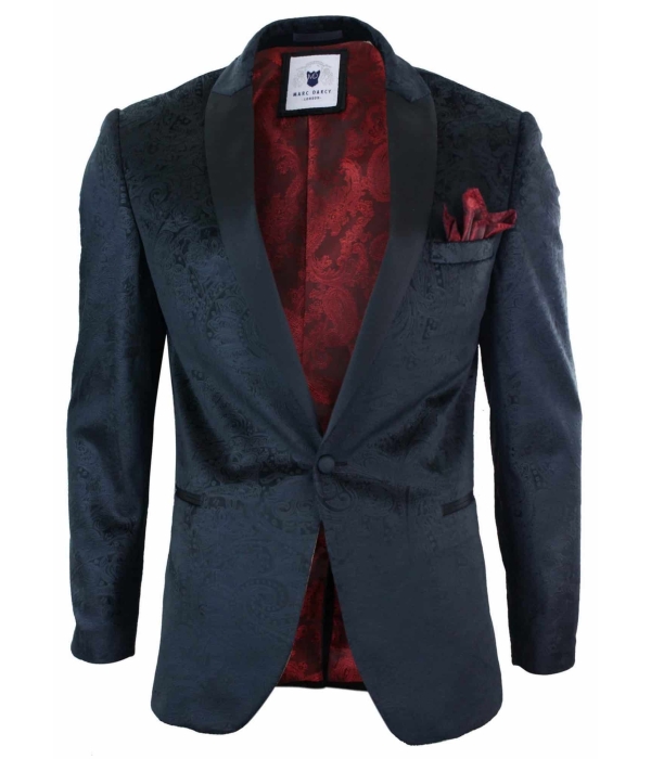 Marc Darcy Simon Mens Velvet Paisley Black Fit Blazer Tuxedo Dinner Jacket Smart Casual