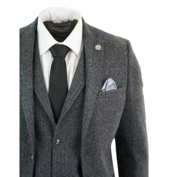 Men's Charcoal Grey 3 Piece Tweed Herringbone Suit - STZ11