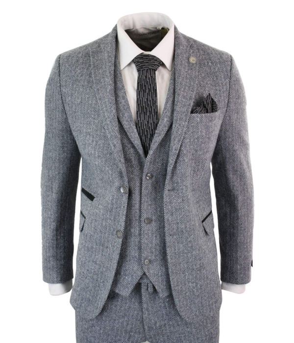 Men's Light Grey 3 Piece Tweed Herringbone Suit - STZ11