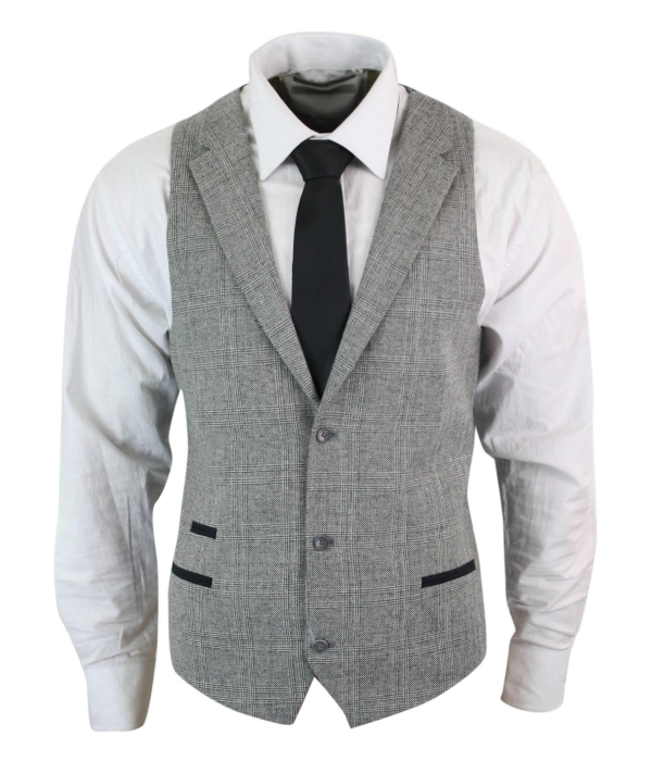 Mens Waistcoat Wool Check Herringbone Tweed Brown Black Classic Vintage Fit