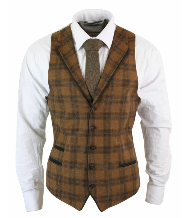 Mens Waistcoat Wool Tan Brown Check Tweed Classic Vintage Tailored Fit
