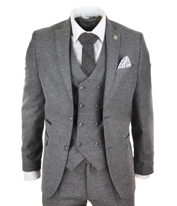Mens 3 Piece Grey Suit with Double Breasted Waistcoat