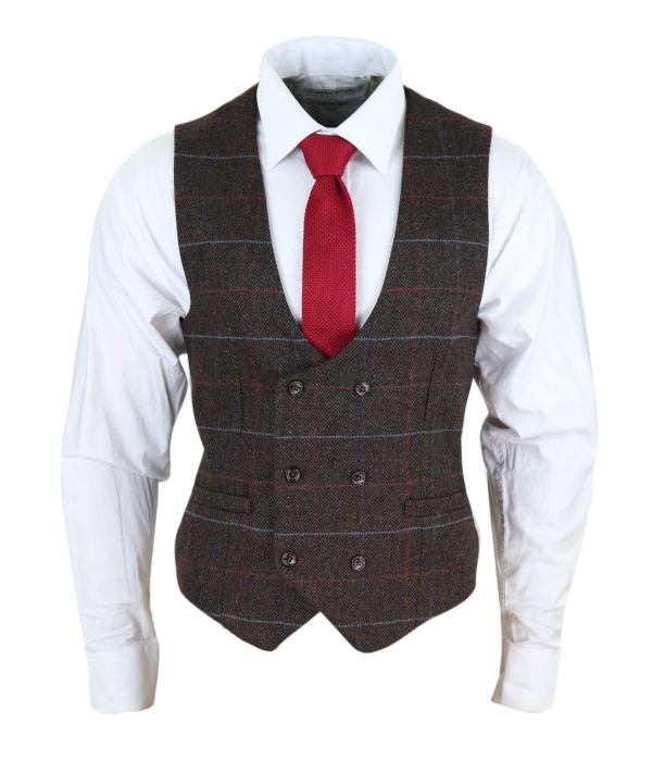 Cavani Tommy - Men's Brown Herringbone Tweed Check Waistcoat