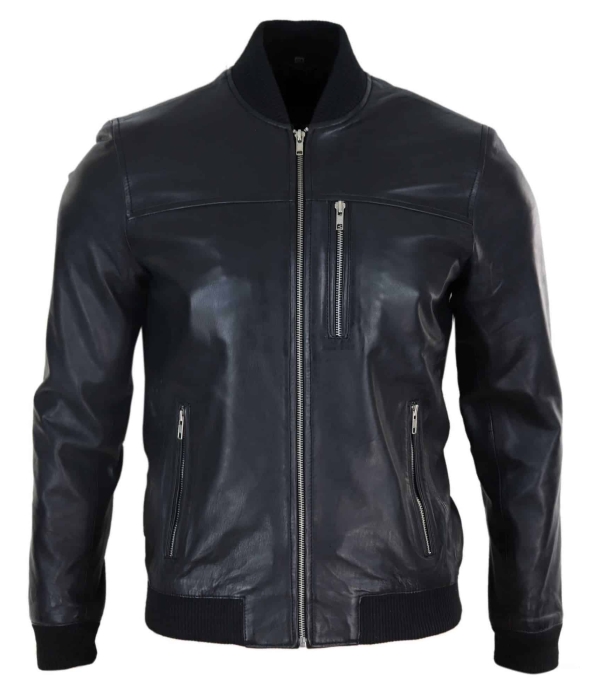 Mens Black Leather Bomber Jacket