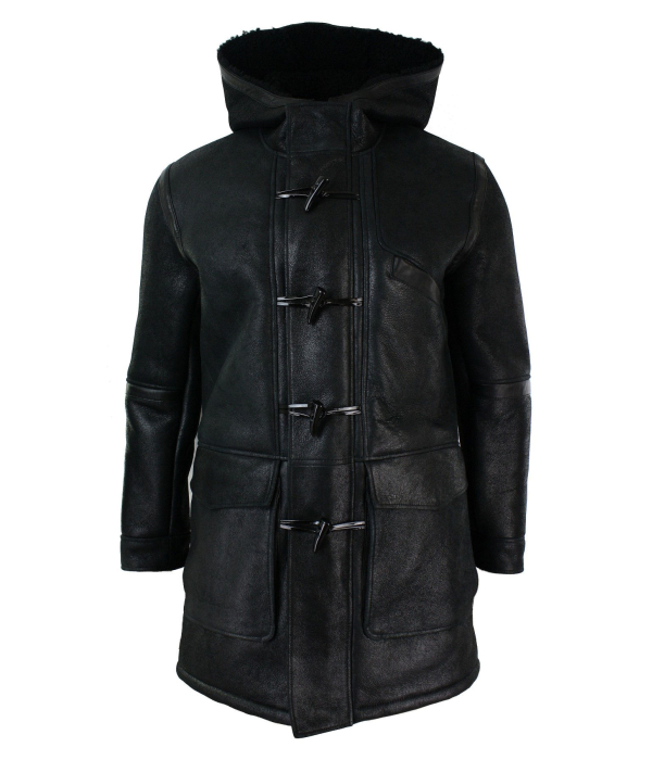 Mens Real Shearling Sheepskin 3/4 Hood Duffle Jacket Black Fur Warm Winter