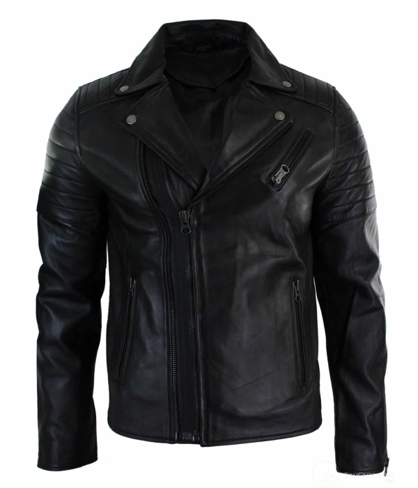 Real Leather Slim Fit Cross Zip Retro Vintage Brando Mens Jacket Vintage Biker-Black