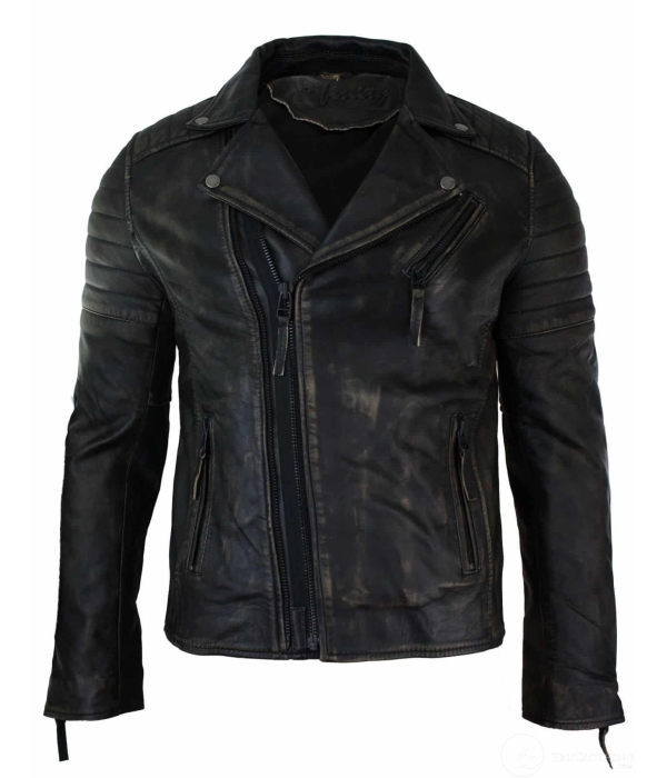 Real Leather Slim Fit Mens Cross Zip Retro Vintage Brando Jacket Vintage Biker-Ruboff Black