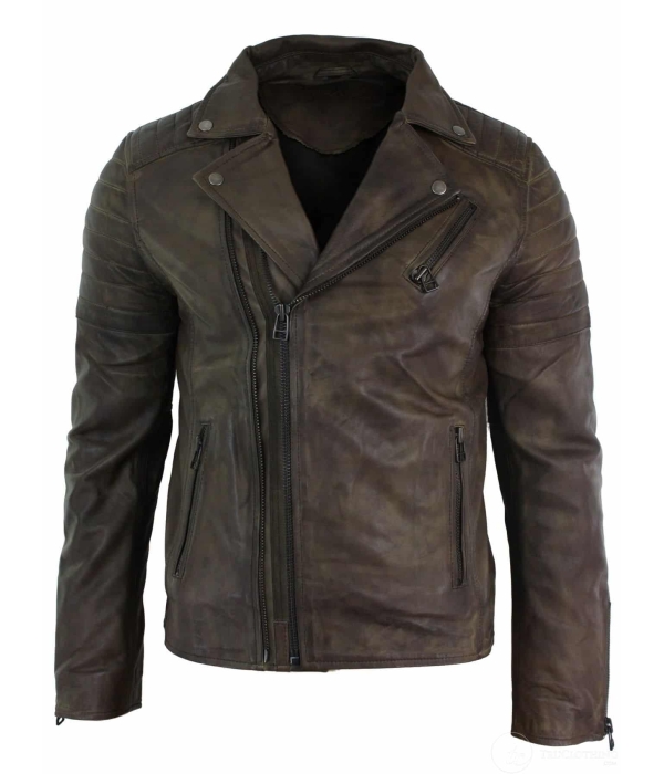 Real Leather Slim Fit Cross Zip Retro Vintage Brando Mens Jacket Vintage Biker-Brown
