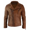 Real Leather Slim Fit Cross Zip Mens Retro Vintage Brando Jacket Vintage Biker-Tan