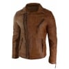 Real Leather Slim Fit Cross Zip Mens Retro Vintage Brando Jacket Vintage Biker-Tan