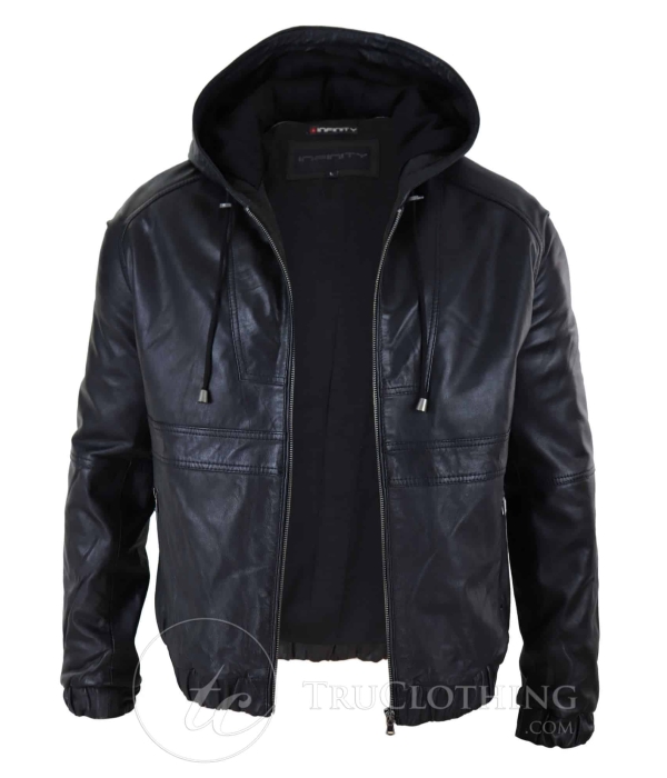 Mens Real Leather Bomber Hood Jacket - Black
