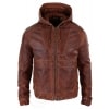 Mens Real Leather Bomber Hood Jacket - Tan