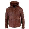 Mens Real Leather Bomber Hood Jacket - Tan