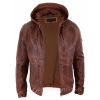 Mens Real Leather Bomber Hood Jacket - Tan