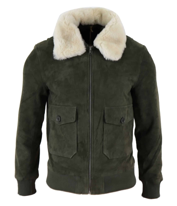 Mens Real Suede Varsity Bomber Jacket with Removable Collar - Olive Green