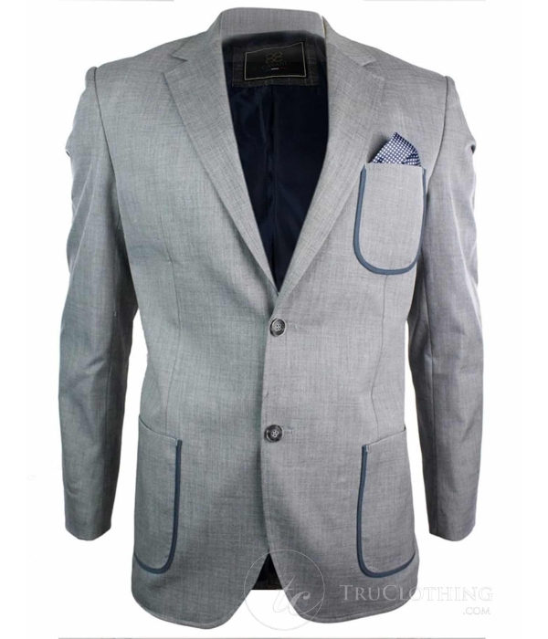 Mens Tailored Blazer Jacket Grey Blue Trim Pocket Design Brown Elbow Patch