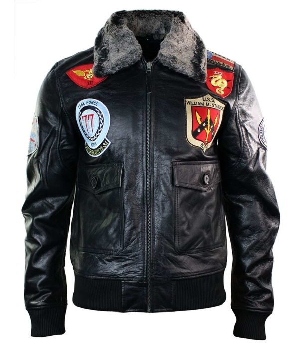Mens Real Leather US Aviator Air Force Pilot Flying Bomber Jacket Black Fur Collar-Black