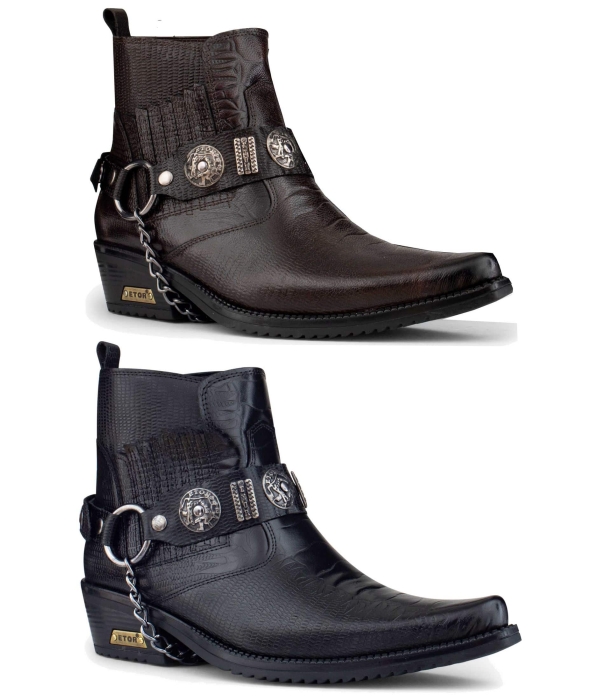 Mens Real Leather Cowboy Boots with Chain