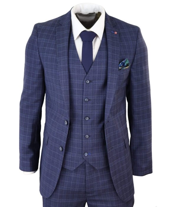 Mens Navy Blue Check 3 Piece Slim Fit Suit