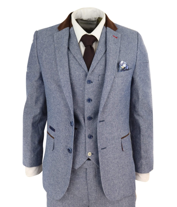 Men's 3 Piece Suit - Blue with Brown Detailing