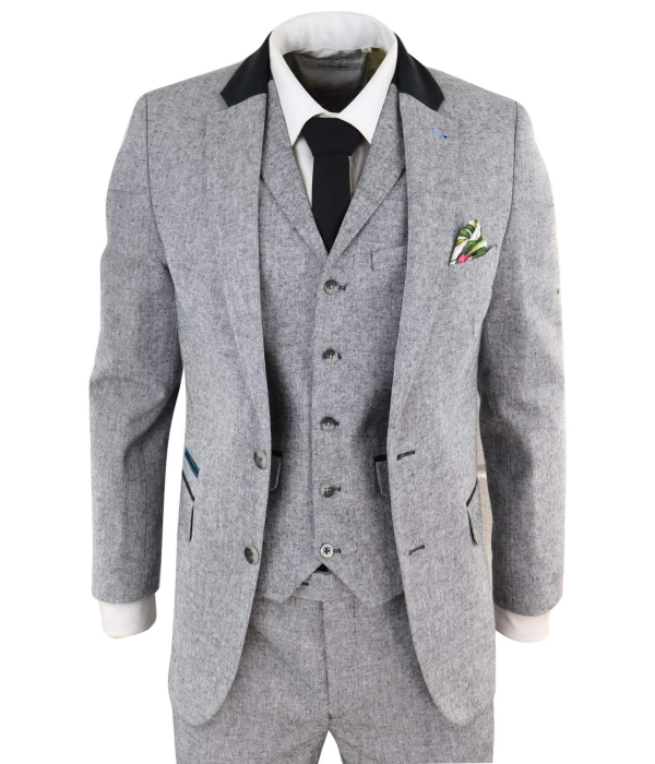 Men's 3 Piece Suit - Grey with Black Detailing