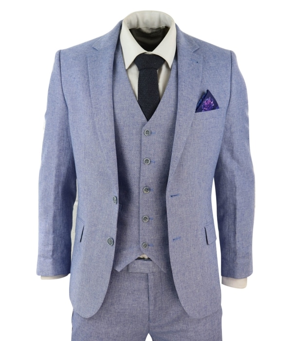 Men's Blue 3 Piece Linen Suit