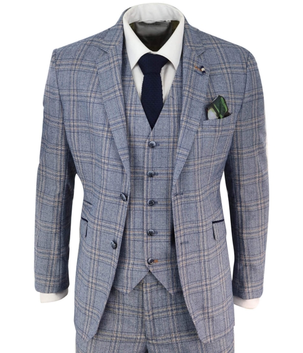 Mens Summer Blue Check 3 Piece Suit