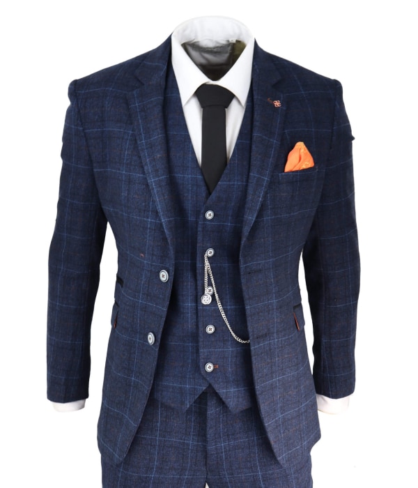 Mens Navy Blue Check 3 Piece Suit
