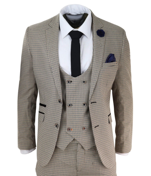 Mens Beige Navy Check Suit