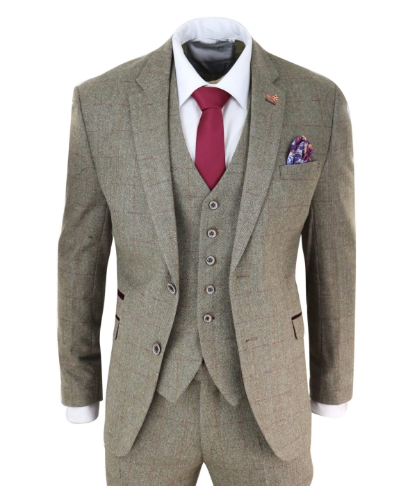 Mens Tweed Olive Green Check Suit