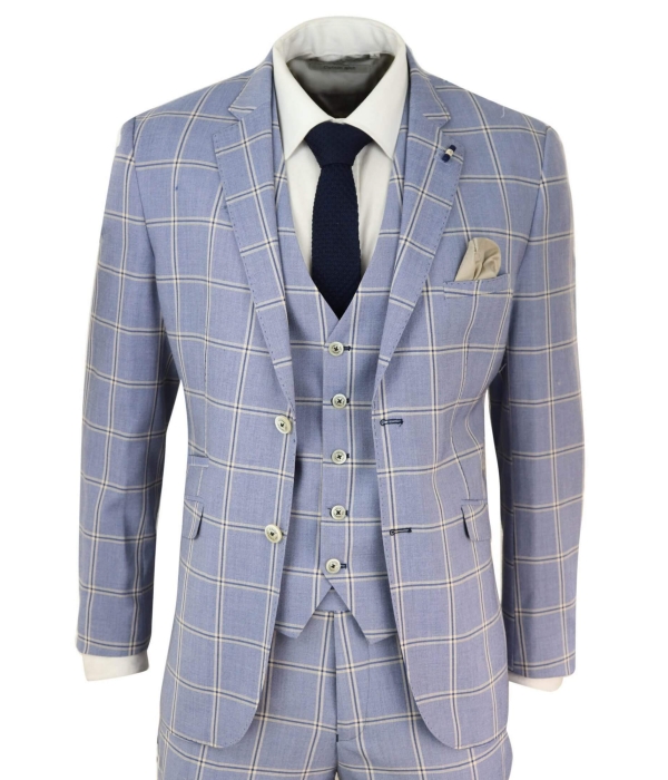 Mens 3 Piece Light Blue Check Suit