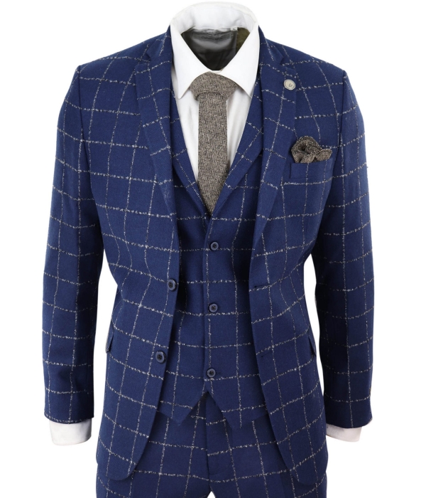 Mens Blue - Grey Check Tweed 3 Piece Suit