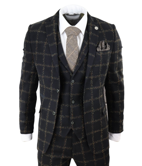 Mens Black - Tan Check Tweed 3 Piece Suit