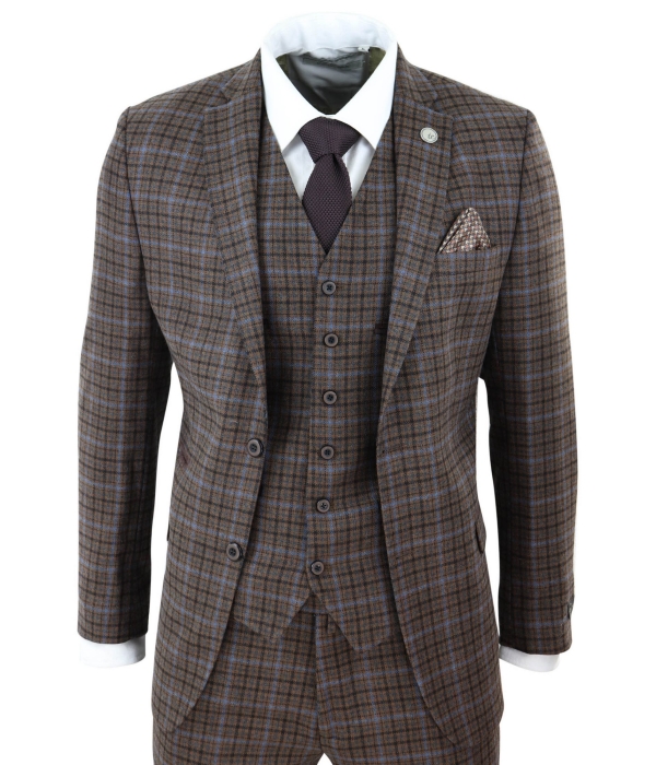 Mens 3 Piece Brown Check Tweed Suit