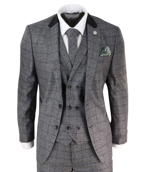 Mens Grey Blue Check 3 Piece Suit