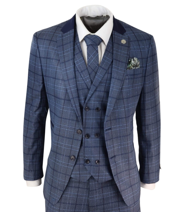 Mens Blue Check Tailored Fit Suit