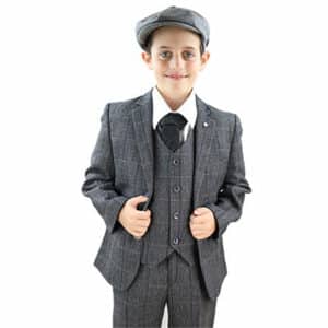 Boy dressed with grey 3 piece tweed boy's suits, and peaky blinders hat and ready for wedding event