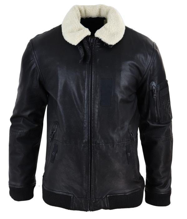 Mens Black Leather Bomber Jacket with White Collar