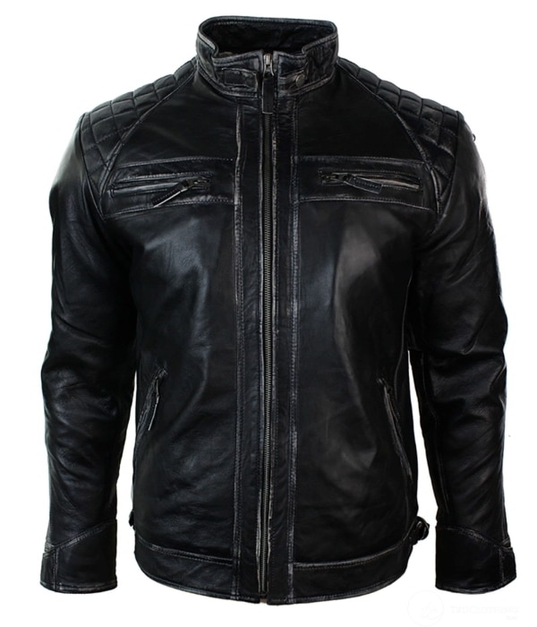 Real Leather Retro Style Zipped Mens Biker Jacket Soft Black Vintage Look