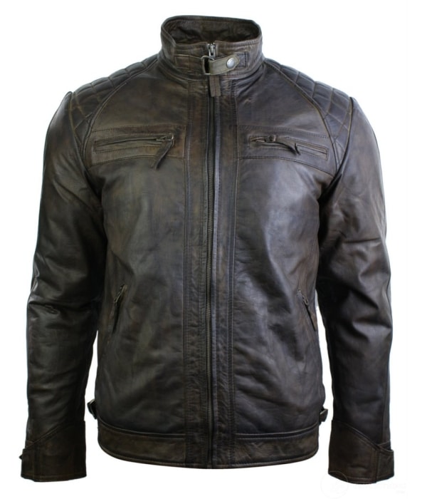 Real Leather Retro Style Zipped Mens Biker Jacket Soft Brown Vintage Look