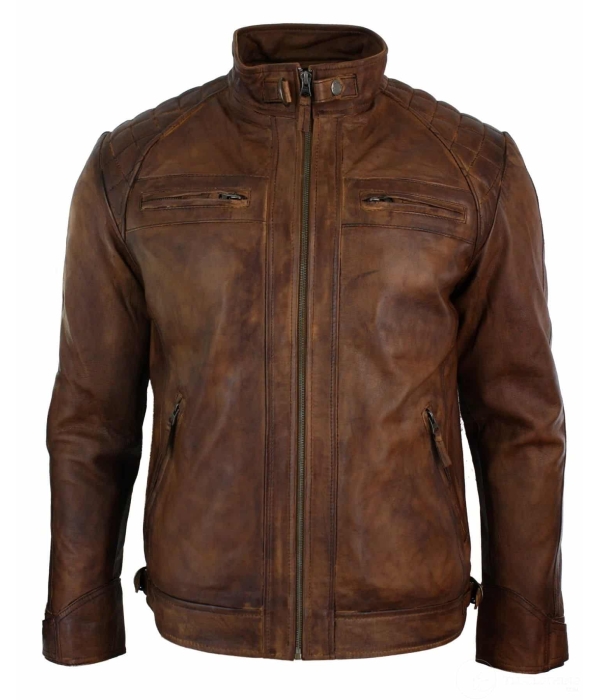Real Leather Retro Style Zipped Mens Biker Jacket Soft Timber Vintage Look