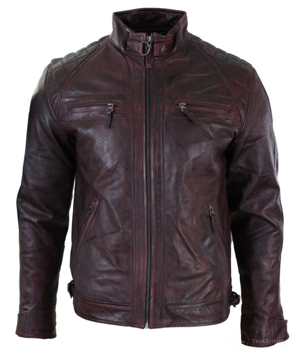 Real Leather Retro Style Zipped Mens Biker Jacket Soft Wine Vintage Look
