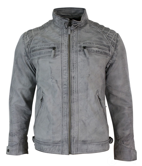 Real Leather Retro Style Zipped Biker Mens Jacket Soft White Vintage Look