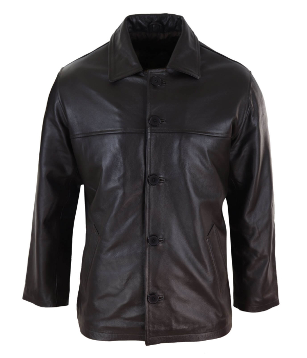 Men Mid Brown Length Classic Leather Coat