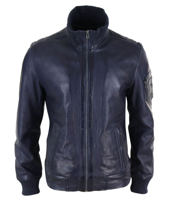 Real Leather Autumn Jacket with High Neck for Mens - Navy Color