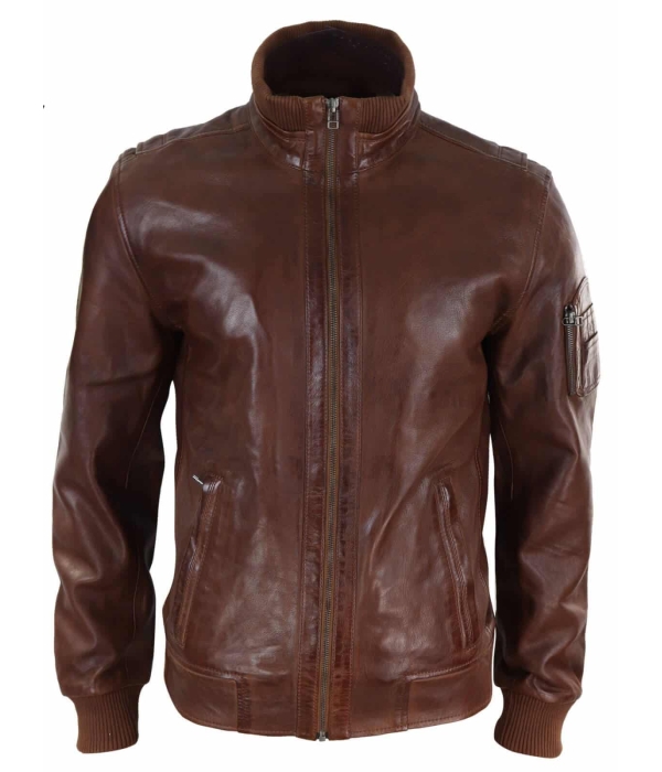 Real Leather Autumn Jacket with High Neck for Men - Timber Colour